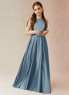 Azazie Arianthe Junior Dusty Blue A-Line with Pockets Stretch Satin Dress image2