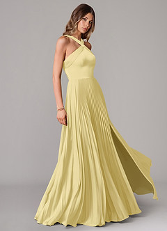 Azazie Afra Bridesmaid Dresses Lemon Sorbet A-Line Pleated Stretch Satin Dress image3