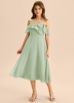 Azazie Kamilla Junior Robe Trapèze en Mousseline de soie Épaule décolletée Vert Sauge image5