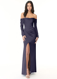 Azazie Hallie Bridesmaid Dresses Stormy Sheath Off-The-Shoulder Long Sleeve Stretch Satin Convertible Dress image3