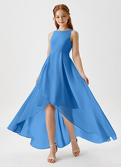 Azazie Lizette Junior Abito A-Line in Chiffon Plissettato Blue Jay image1