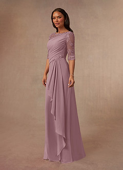 Azazie Dionysus At-home Try On Dresses Dusty Rose A-Line Boatneck Lace Chiffon Dress image2
