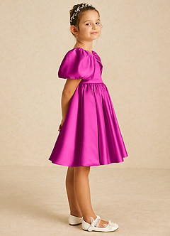 Azazie Muffin Robe Demoiselle D'honneur Fillette Robe Trapèze en Mat Satiné avec manches Fuchsia image3