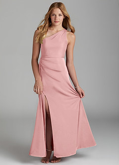 Azazie Maron Junior Powder Pink A-Line Pleated Stretch Satin Dress image1
