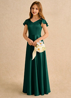 Azazie Nari Girls Formal Robe Demoiselle D'honneur Fillette Robe Trapèze en Satin extensible avec manches émeraude image4