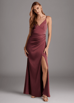 Azazie Shania Bridesmaid Dresses Merlot Sheath V-Neck Pleated Stretch Satin Dress image1