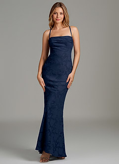 Azazie Ola Vestidos de damas de honor Vestido Azul Marino Oscuro de Devorado Floral de Corte Sirena con Corsé image4