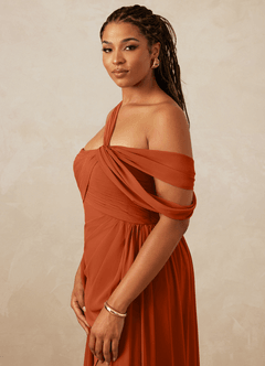Christian Siriano Bridal for Azazie 1014 Bridesmaid Dresses Burnt Orange A-Line Off the Shoulder Chiffon Dress image10