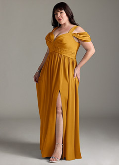 Azazie Lianne Bridesmaid Dresses Butterscotch A-Line Off the Shoulder Stretch Satin Dress image13