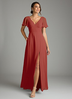 Azazie Kimber Bridesmaid Dresses Terracotta A-Line Flounce Sleeve Chiffon Dress image4