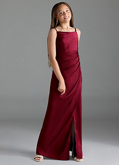 Azazie Leonis Junior Burgundy A-Line Pleated Stretch Satin Dress image3