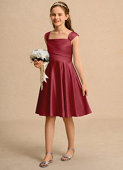 Azazie Budle Girls Formal Flower Girl Dresses Pomegranate A-Line Pleated Matte Satin Dress image5