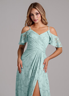 Azazie Dakota Bridesmaid Dresses Mist A-Line Off the Shoulder Floral Burnout Dress image3