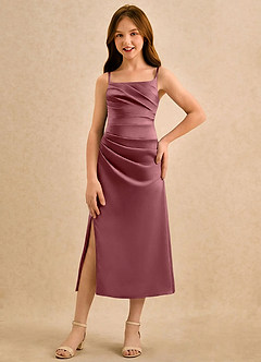 Azazie Canna Girls Formal Sukienki dla dziewczynek sypiących kwiaty Linia A Pofałdowany Satyna elastyczna Długość herbaty Sukienka image4