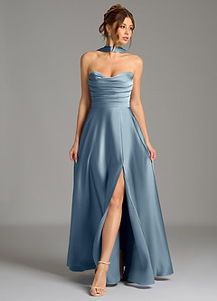 Azazie Ayla Abiti da Damigella Abito A-Line in Raso Elasticizzato Corsetto Blu Polveroso image1