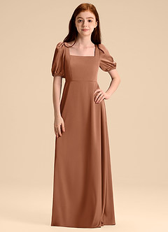 Azazie Briar Junior A라인 절하다 스트레치 새틴 플로어 길이 주니어 신부 들러리 드레스 image6