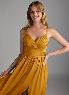 Azazie Chanel Bridesmaid Dresses Butterscotch A-Line Pleated Stretch Satin Dress image3