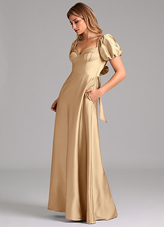Azazie Fatima Bridesmaid Dresses Champagne A-Line Pleated Stretch Satin Dress image5