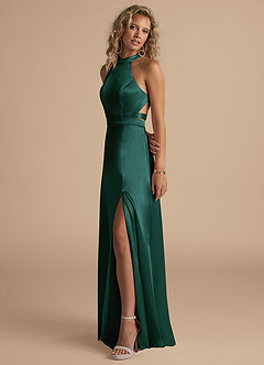Azazie Clarice Bridesmaid Dresses Pine A-Line High Neck Metallic Satin Dress image3
