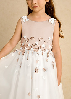 Azazie Eleni Blumenmädchenkleider Ballkleid Schleifen Tüll Kleid Elfenbein Englisches Rosa image7
