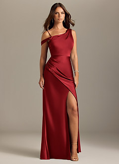 Azazie Madelyn Robes de demoiselle d'honneur Robe Sirène Convertible en Satin extensible Une épaule Écarlate image9