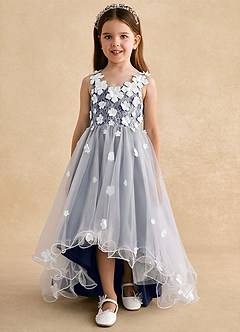 Azazie Celia Robe Demoiselle D'honneur Fillette Robe Trapèze en Tulle Dentelle Bleu Orageux image7
