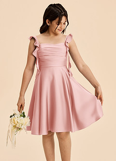 Azazie Kira Junior Vestido de Rosa Empolvado de Satén Elástico de Corte en A con Volante image5