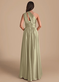 Azazie Charlize Bridesmaid Dresses Moss Green A-Line One Shoulder Metallic Satin Dress image2