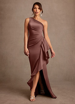 Azazie Yvette Mother of the Bride Dresses Espresso Sheath One Shoulder Stretch Satin Dress image3