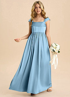 Azazie Hattie Junior Steel Blue A-Line Pleated Stretch Satin Dress image4