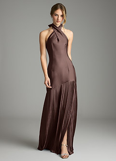 Azazie Nayeli Final Sale Ganache A-Line Pleated Stretch Satin Dress image1