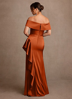 Azazie Kirsty Mother of the Bride Dresses Burnt Orange Sheath Off the Shoulder Stretch Satin Dress image2