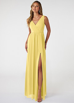 Azazie Tanicia Bridesmaid Dresses Canary A-Line V-Neck Pleated Mesh Dress image1