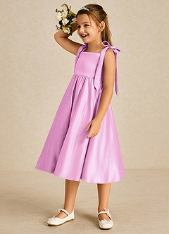 Azazie Chelsie vestidos de niña de las flores Vestido de Rosa Caramelo de Satin Mate de Corte En A con Lazo image4
