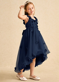 Azazie Tweety Robe Demoiselle D'honneur Fillette Robe Trapèze en Tulle Dentelle Bleu Marine Foncé image1