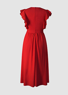 Regal Ruffles Red Satin Flutter Sleeve Midi Dress image7