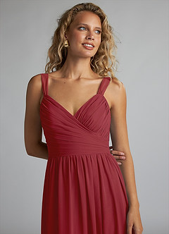 Azazie Aziza Bridesmaid Dresses Pomegranate A-Line V-Neck Pleated Chiffon Dress image5