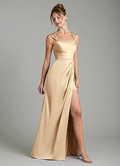 Azazie Filippa Bridesmaid Dresses Champagne A-Line Pleated Stretch Satin Dress image5