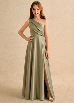 Azazie Puddles Girls Formal Flower Girl Dresses Moss Green A-Line One Shoulder Stretch Satin Dress image1