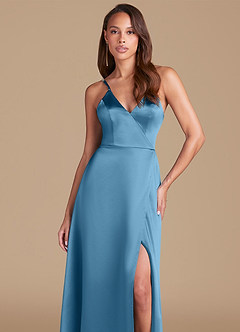 Azazie Maksim Final Sale Steel Blue A-Line Metallic Satin Dress image3