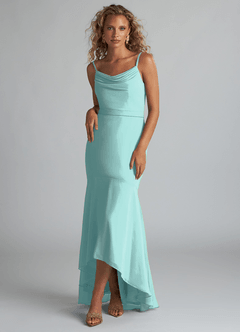 Azazie Summer Bridesmaid Dresses Aqua Mermaid Scoop Cowl Chiffon Dress image1