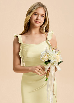 Azazie Jessamine Junior Lemon Sorbet A-Line Ruched Stretch Satin Dress image8