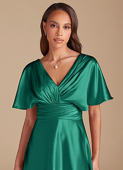 Azazie Pamela Bridesmaid Dresses Emerald A-Line Pleated Metallic Satin Dress image1
