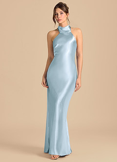 Azazie Velli 신부 들러리 드레스 쉬스 하이넥 메탈릭 새틴 바닥 길이 드레스 image4