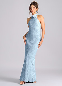 Azazie Velli 신부 들러리 드레스 인어 하이넥 플로럴 번아웃 바닥 길이 드레스 image1