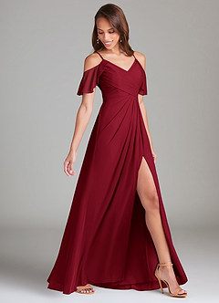 Azazie Dakota Bridesmaid Dresses Burgundy A-Line Off the Shoulder Mesh Dress image3