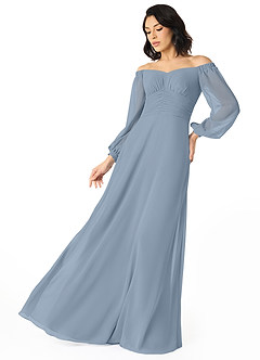 Azazie Rubina Bridesmaid Dresses Dusty Blue A-Line Long Sleeve Chiffon Dress image3