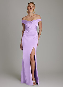 Azazie Teyana Bridesmaid Dresses Lilac Sheath Off the Shoulder Stretch Satin Dress image4
