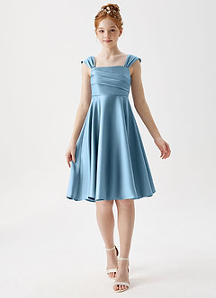 Azazie Amira Junior Steel Blue A-Line Pleated Stretch Satin Dress image1