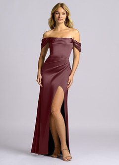 Azazie Auden Bridesmaid Dresses Sangria Sheath Off the Shoulder Stretch Satin Convertible Dress image1